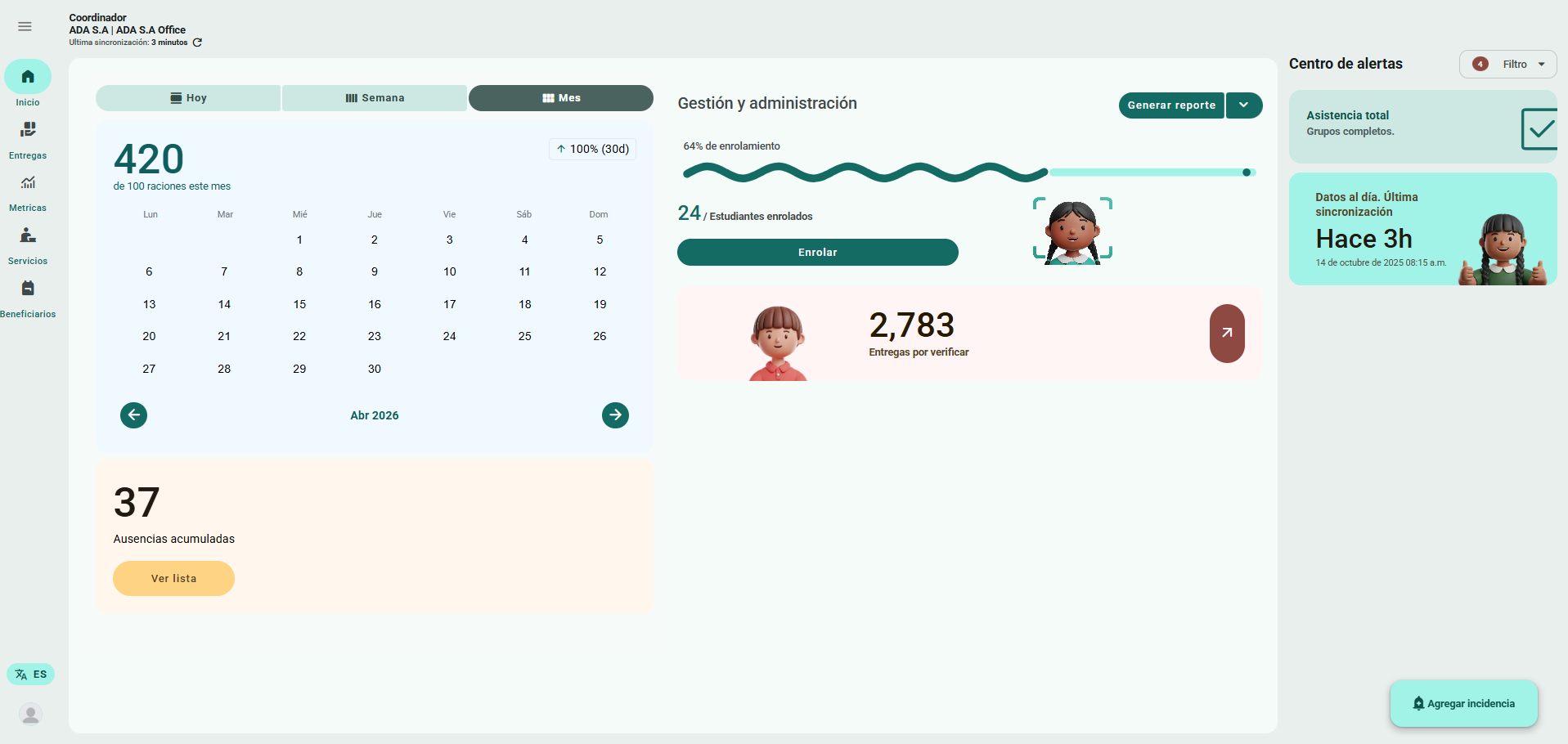 Dashboard de gestión de SmartDex con calendario, métricas, enrolamiento y alertas