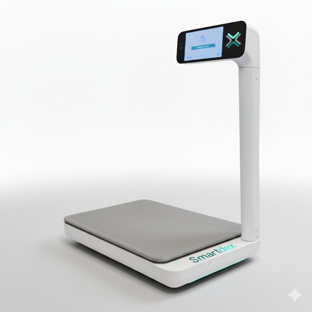 Máquina SmartDex completa con pantalla de identificación y plataforma de pesaje